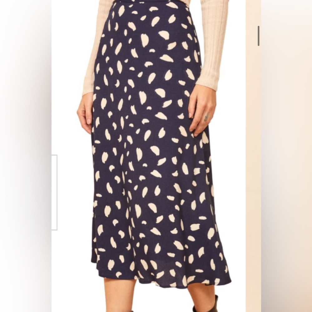 Size 4 Reformation Bea midi skirt in blue/white splatter